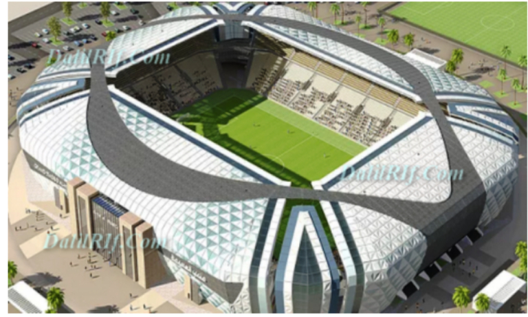 ملعب الحسيمة كما كان مرسوما في تصميم الهندسة المعمارية الذي تمت المصادقة عليه في اتفاقية برنامج منارة المتوسط